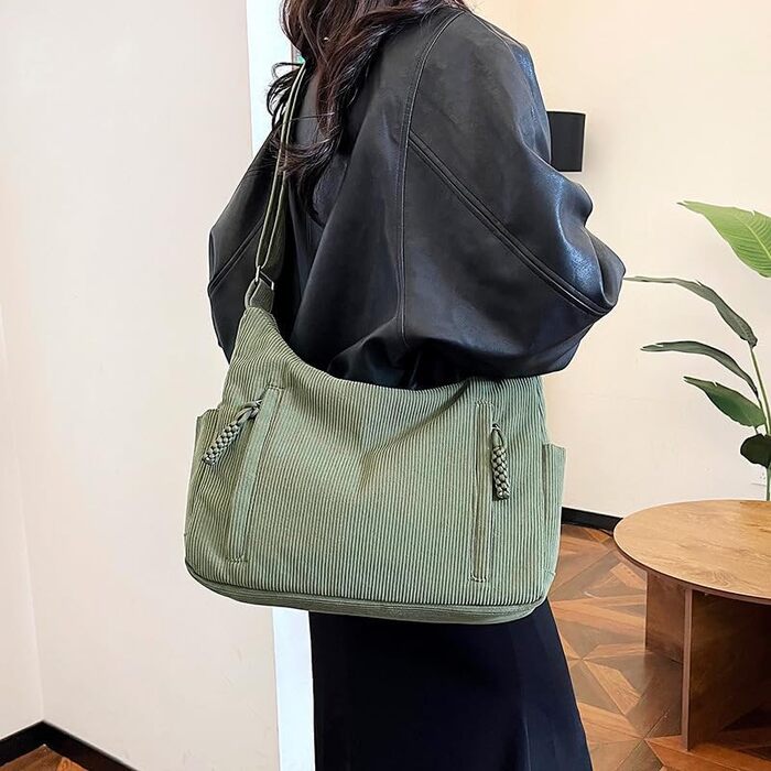 Жіноча сумка-шопер Cord Tote Bag: велика сумка через плече та хобо для школи та роботи, вельветова сумка з регульованим ременем (один розмір, зелена)