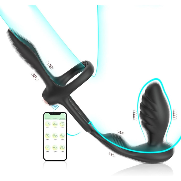 Вібратор для чоловіків 3-в-1: масажер простати, анальний плагін та кільце для статевого члена. 9 режимів вібрації, дистанційне керування.