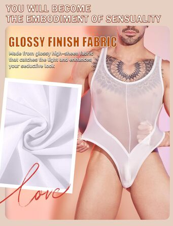 Боді для чоловіків AIEOE: прозорий боді, топ, майка, під одяг, без рукавів, труси-танга (білий)