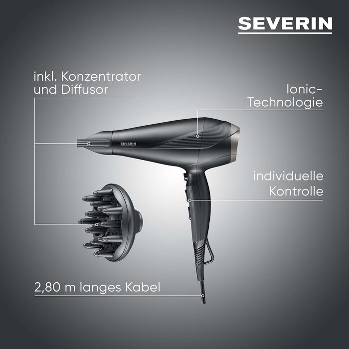 Фен для волосся Severin HT 0165 з AC-мотором, 2100 Вт, з автоматичним змотуванням кабелю, дифузором та вузькою насадкою, чорний