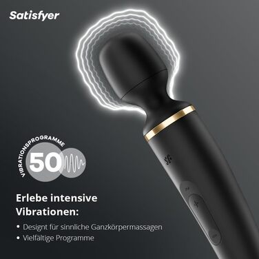 Satisfyer Wand-er Woman: Масажер для тіла з 50 вібраційними режимами | Секс-іграшка, тихий та потужний | Електронний масажер для жінок та чоловіків | Компактний вібратор для всього тіла | Чорний колір, 1 шт.