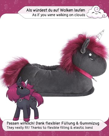 Плюшеві капці для дому corimori Ruby das Punk Einhorn (Єдиноріг), чорно-рожеві, гнумка підошва, розмір 34-44 EU
