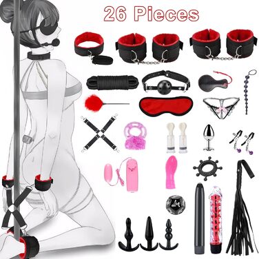 Набір для БДСМ з 26 елементів Qoosea: наручники, феттери, анальні пробки, іграшки для пар. Чорний колір.