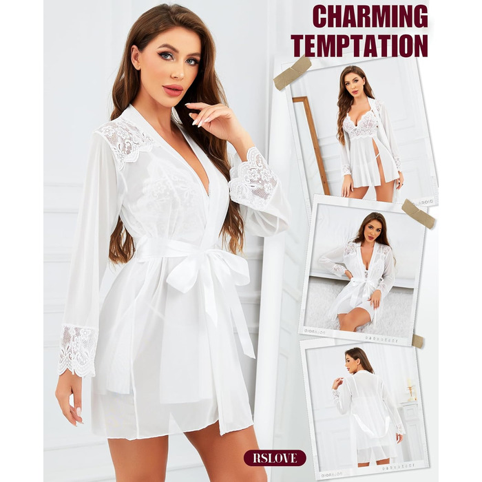RLOVE Комплект ніжної піжами для жінок: халат, нічна сорочка, мереживний боді. Розмір L, білий.