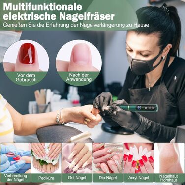 Професійний бездротовий апарат для манікюру та педикюру NAILGIRLS 35000 об/хв, електрична пилка для нігтів 11 в 1, портативний фрезер для гель-лаків та акрилу (Зелений)