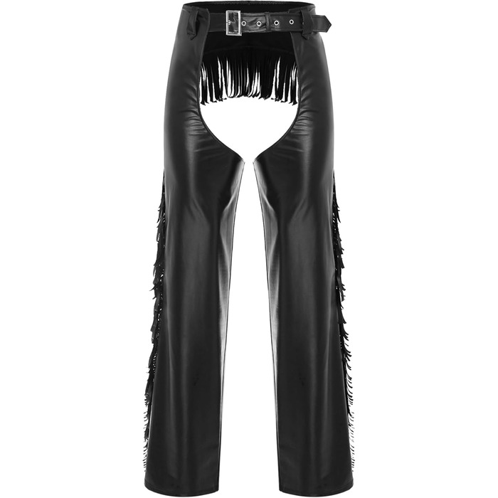 Костюм ковбоя з еластичної шкіри TTAO для чоловіків: штани з відкритим кроком, з бахромою та пряжкою, чорного кольору