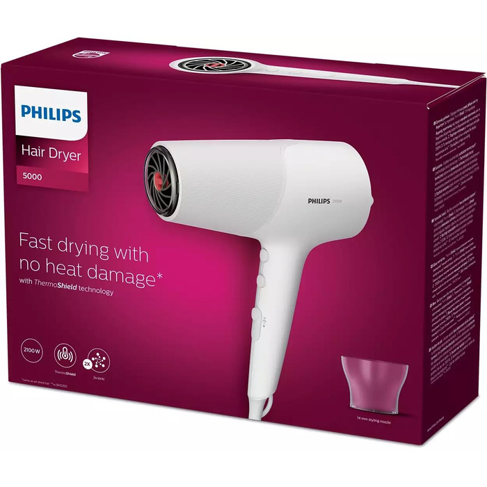 Фен для волосся Philips 5000 Series BHD500/00 з технологією ThermoShield, іонізацією, 2100 Вт, білий, з вузьким соплом та дифузором для об'єму
