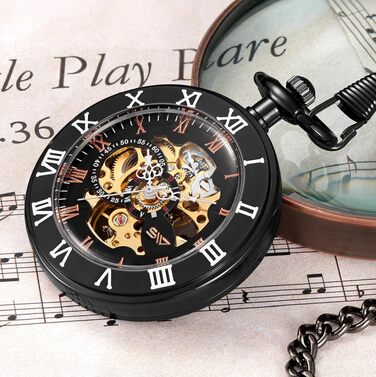 Механічний кишеньковий годинник ShoppeWatch для чоловіків з ланцюжком, ручний завод, прозорий циферблат у стилі стімпанк (чорний)