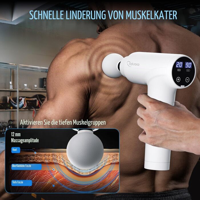 Перкусійний масажер Massage Gun з LED-екраном, електричний масажний пістолет для м'язів (20 швидкостей, 9 насадок, білий)
