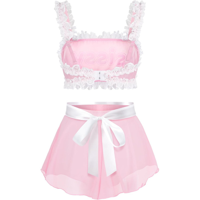 Комплект жіночої/чоловічої нижньої білизни LittleForBig з прозорого мережива: бра, труси, спідниця знімною зав'язкою (M, Рожевий)