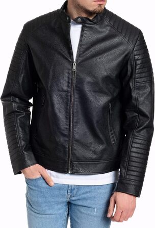 Чоловіча шкіряна куртка-байкер Jack & Jones штучна шкіра, чорна (Розмір L, модель Jate)