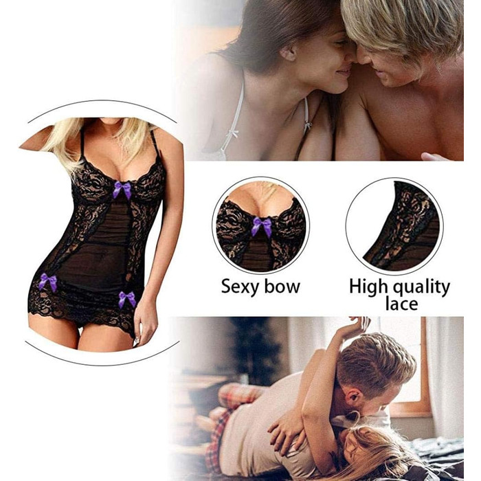 AKAZI Сексуальна білизна на День святого Валентина, жіноча спокуслива білизна, чорна мереживо, мереживна нічна сорочка з зав'язками, виріз, babydoll спідниця, сукня, боді (Синій XXL)