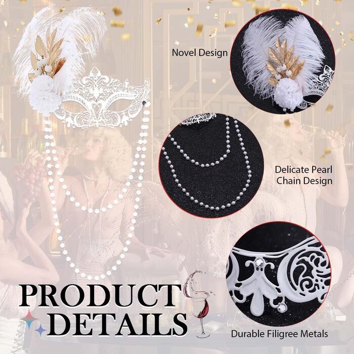 Маска для жінок IYOU, біла, з пір'ям та перловим намистом, для карнавалу, вечірки, балу