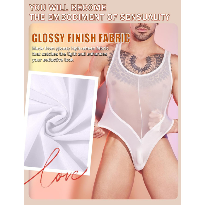 Боді для чоловіків AIEOE: прозорий боді, топ, майка, під одяг, без рукавів, труси-танга (білий)