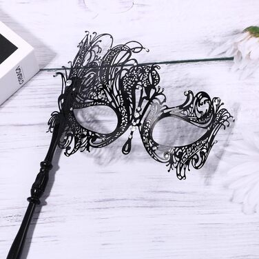 Венеціанська маска JewelryWe з держальником для жінок, металева маска з кристалами для маскараду, аксесуар до костюма для Хелловіну, карнавалу, вечірки, маскараду (чорна)