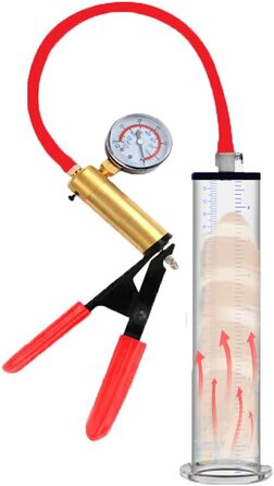Ручна вакуумна помпа для збільшення пеніса з манометром та металевою ручкою - для ерекції та тренування витривалості, прозора помпа для чоловіків, секс-іграшка (23 * 6.4 см)