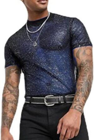 Чоловіча футболка з паєтками, мереживо, прозора, чорна - для вечірок та клубів