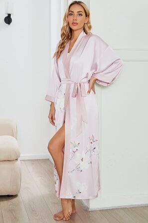 Жіночий шовковий халат-кімоно Moreone з квітковим принтом, довгий, нічна сорочка, атласний халат для нареченої та подружок нареченої (рожевий)