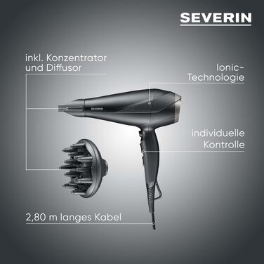 Фен для волосся Severin HT 0165 з AC-мотором, 2100 Вт, з автоматичним змотуванням кабелю, дифузором та вузькою насадкою, чорний