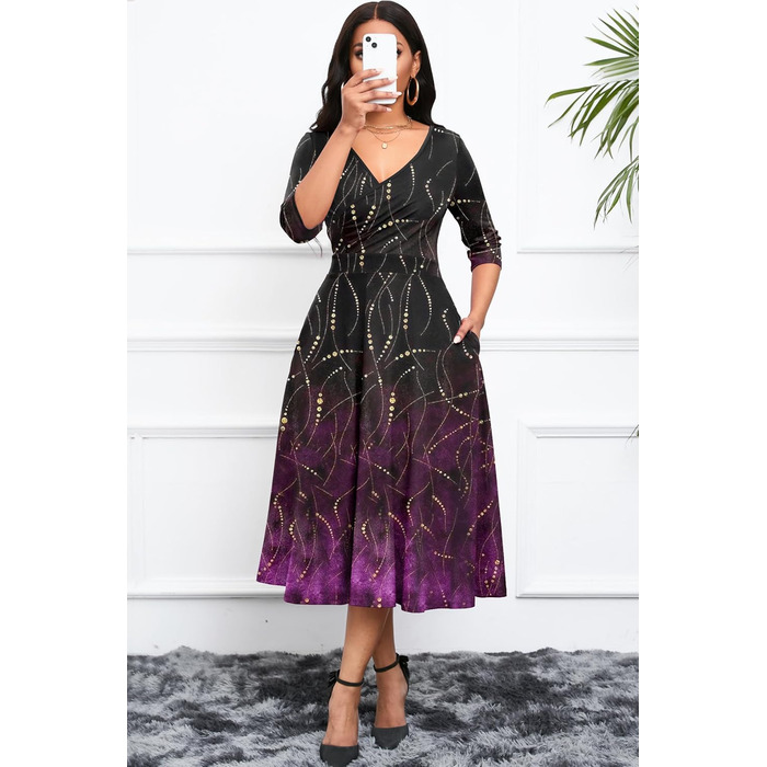 Сукня Noder Daenkleid вільного крою з запахом, чорна геометрична, A-силует, 3/4 рукав, для вечірки, коктейлю, весілля (XXL)