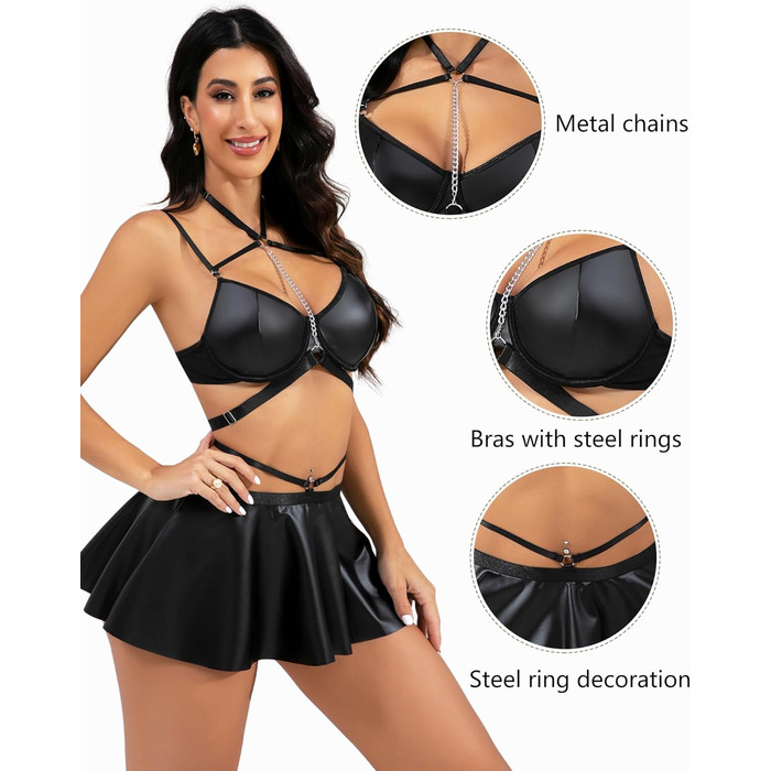 Елегантний костюм Evelife з чорного штучної шкіри: міні-сукня та бюстгальтер push-up з металевим ланцюжком. Ідеально для вечірок, клубів та тематичних заходів. Розмір M.