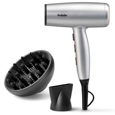 Фен для волосся BaByliss Cosmos D580DE з дифузором, 2100 Вт, іонізація, 3 температурних та 2 режими обдуву, сріблястий (Satined Cosmic Grey)