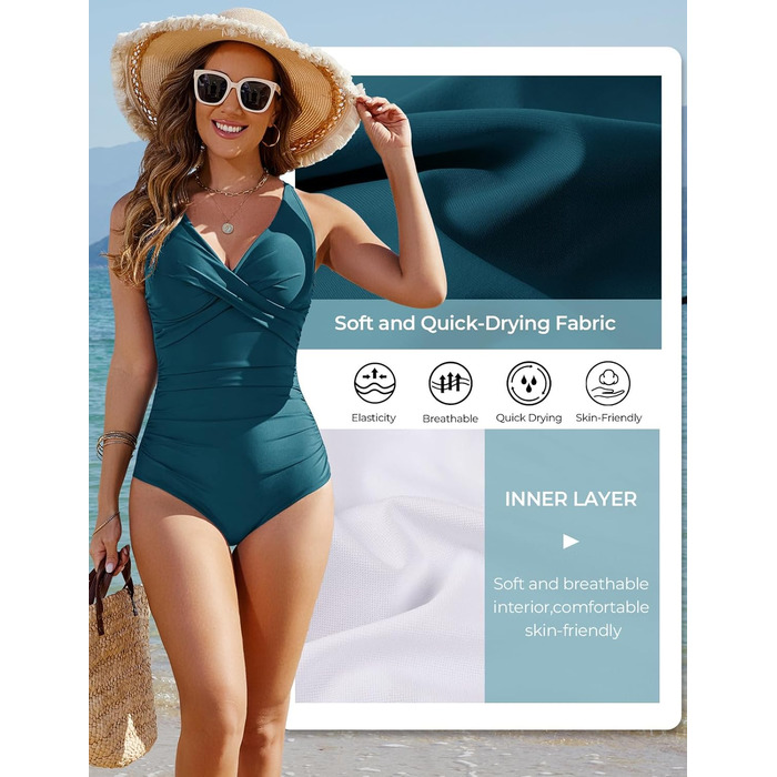 Купальник жіночий цілісний Tuopuda Badeanzug з вирізом Push Up, суцільний, для живота, ретро, великі розміри (Pfauenblau, XL)