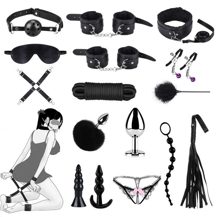 Набір для БДСМ: шкіряне спорядження для фетишу, обмеження, спотикання, з наручниками та маскою для очей (17 предметів, чорний)