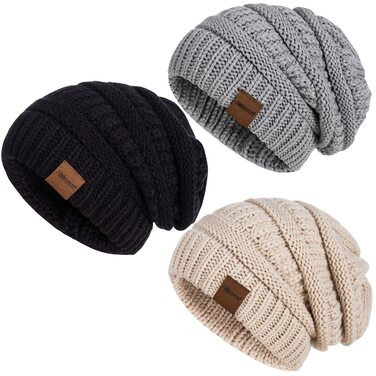 Набір зимових шапок Beanie для жінок та чоловіків, тепла в'язана шапка оверсайз від холоду, 3 штуки (чорний, темно-сірий)