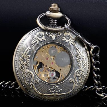 Скелетон кишеньковий механічний годинник Tiong Vintage Steampunk з ланцюжком, римські цифри, бронзовий колір (у подарунковій коробці)