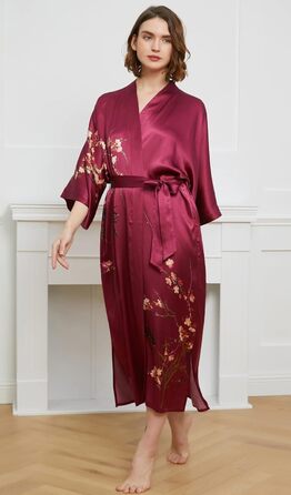 Шовковий халат-кімоно Ledamon для жінок, довгий, 100% шовк, класичний квітковий халат, нічна сорочка, універсальний розмір, бордовий