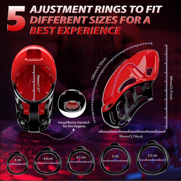 Кагець для кастрації чоловіків - пристрій для сексуальних ігор, SM-фетиш, фіксація пеніса, кагець, ремені для фіксації пеніса, 5 розмірів, кільця для пеніса, 2 ключі та 1 замок