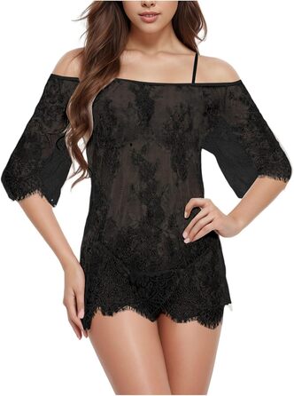 Жіночий сексуальний комплект білизни Babydoll з мереживом, бюстгальтер Push Up, мереживна нічна сорочка, комплект XXL, чорний (A3-3XL)