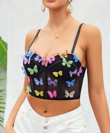 Жіночий топ з квітковою вишивкою Tetudineu - чорний, бралетта на тонких бретелях, баталлет