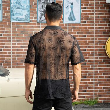 Чоловіча мереживна сорочка з короткими рукавами ABEHIK для рейв-вечірок та клубу (темно-синій, S)