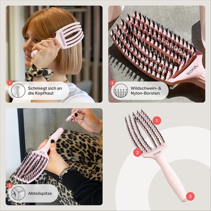 Щітка для волосся Olivia Garden Fingerbrush Care Iconic з щетиною кабана та нейлоном для розплутування та блиску, Pastel Pink Medium