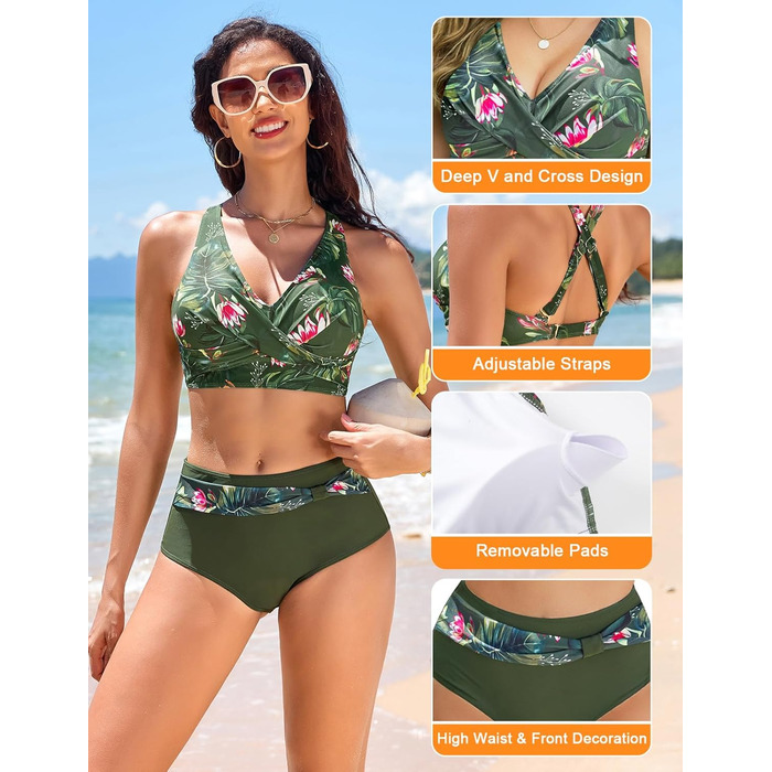 БІКІНІ Nadeer для жінок: сексуальний V-подібний виріз, push-up, двокомпонентний купальник, перехресний дизайн, висока талія, пляжний аксесуар, рожево-зелений колір (M)