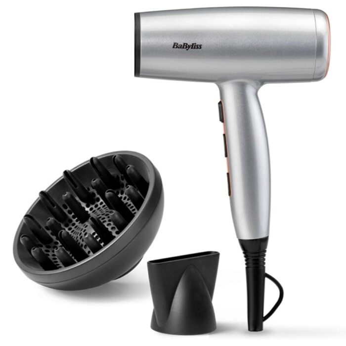 Фен для волосся BaByliss Cosmos D580DE з дифузором, 2100 Вт, іонізація, 3 температурних та 2 режими обдуву, сріблястий (Satined Cosmic Grey)