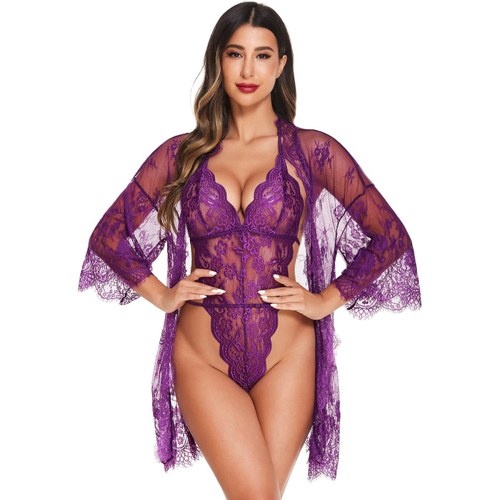 Avidlove Комплект сексуальної білизни Daen 2 шт. мереживний кімоно та тіло (фіолетовий, S)