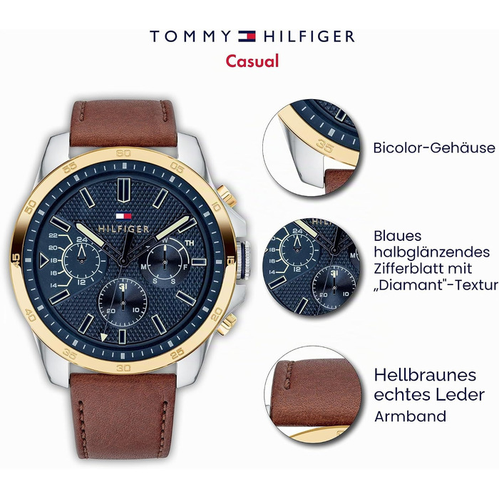 Чоловічий багатофункціональний кварцовий годинник Tommy Hilfiger зі шкіряним ремінцем, синій, водонепроникність 5ATM