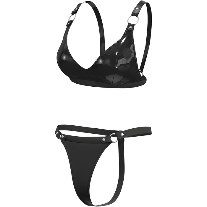 Жіночий комплект спідньої білизни з еластичної шкіри, шорти, блискучий PVC, шкіра, латексний бюстгальтер, регульований, чорний