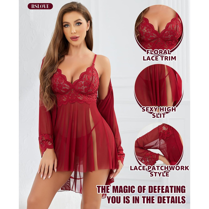 RSLOVE Сексуальний жіночий комплект нижньої білизни: мереживний халат, нігліж, боді з сітки, 3 шт. - Вишневий
