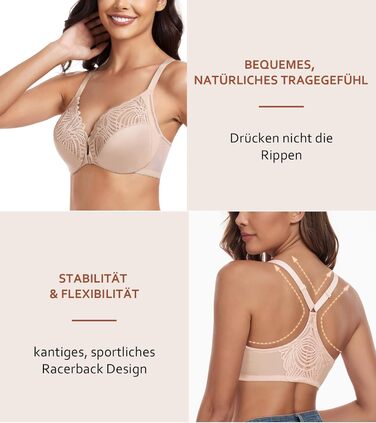 Бюстгальтер жіночий BH з кісточками, закривається спереду, великі розміри, без пуш-ап, м'який, racerback, квітковий принт, мереживо, повна чашка, для великої груди, сильна підтримка, класичний BHS (80E, бежевий)