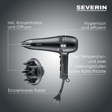 Фен для волосся Severin HT 0165 з автоматичним намотуванням кабелю, 2100 Вт, з дифузором та концентратором, 3 рівні температури, чорний