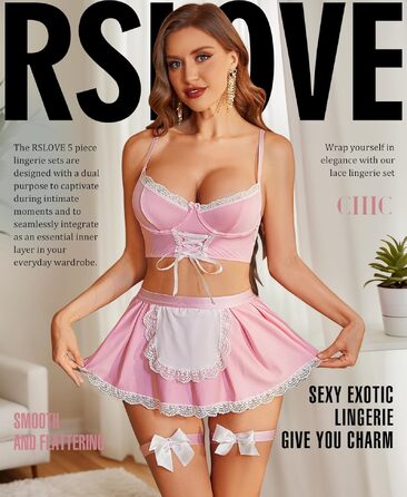 Сексуальний комплект білизни RSLOVE: костюм покоївниці з сукнею-негліже для косплею, рожевий, розмір XXL