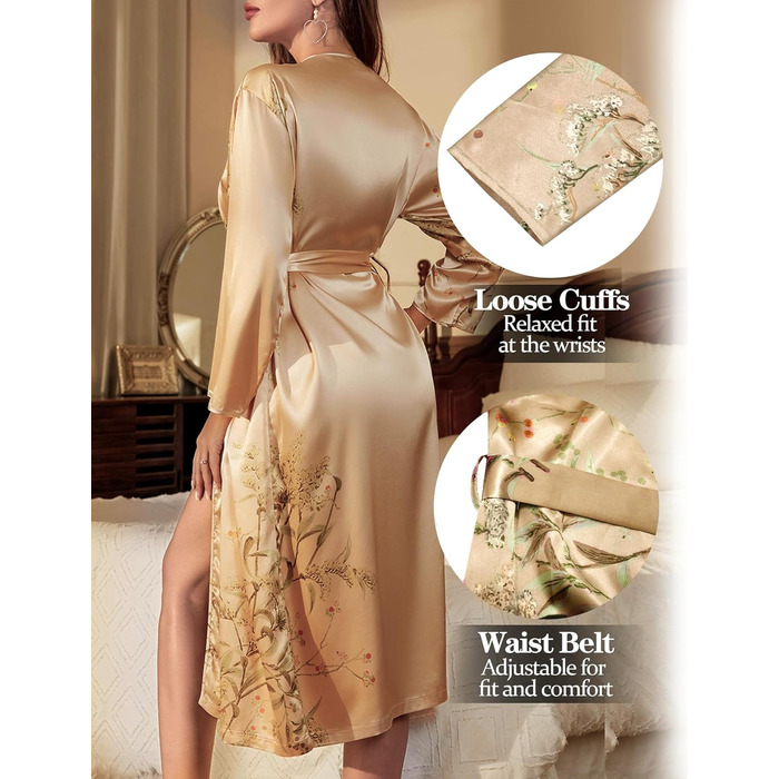 Жіночий халат FEOYA з шовковистого атласу, легкий, довгий, з V-подібним вирізом, жовтий. Ідеальний для вечірки, весілля, дому та сну.