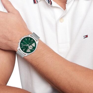 Чоловічий кварцовий годинник Tommy Hilfiger з багатофункціональним циферблатом, сталевим міш-браслетом сріблястого кольору та шкіряним ремінцем Green Mesh