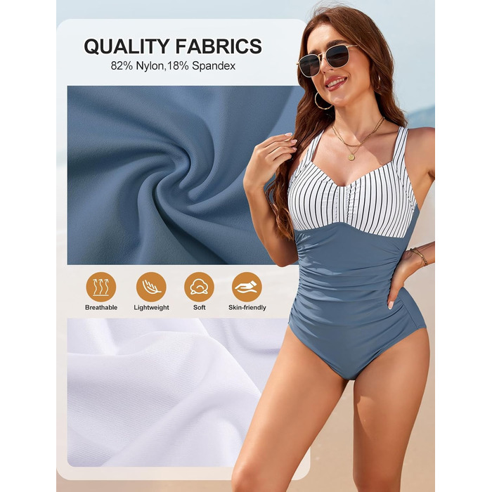 Світшот Nadeer для жінок, великі розміри, моделюючий купальник з високою талією, Push Up, V-подібний виріз, спортивний одноцільний купальник (блакитні смужки, L)