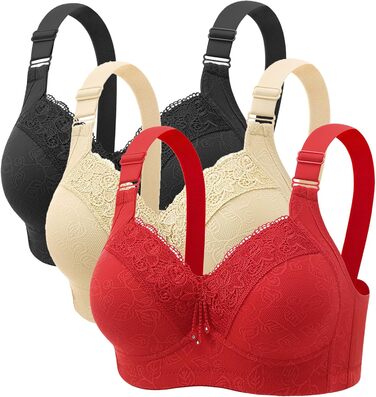 3er комплект бюстгальтерів без кісточок Push Up для великих грудей (90B) - чорний, бежевий, червоний