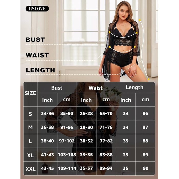 Сексуальний комплект спідньої білизни RSLOVE для жінок - мереживний халат, бюстгальтер та труси XXL чорного кольору
